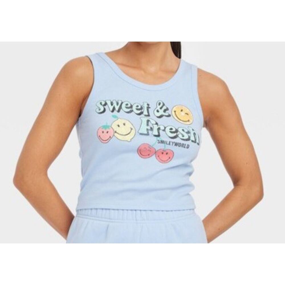 Smiley World SIZE XS Baby Tee Tank Cropped Light Blue Summer Crew‎ Neck Y2K